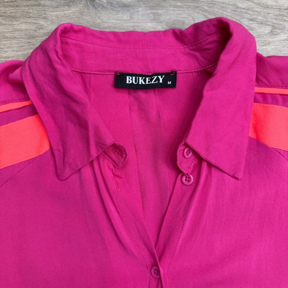 BUKEZY Pink Neon Trim Oversized Shirt Dress Tunic Button Down Streetwear - Picture 5 of 11